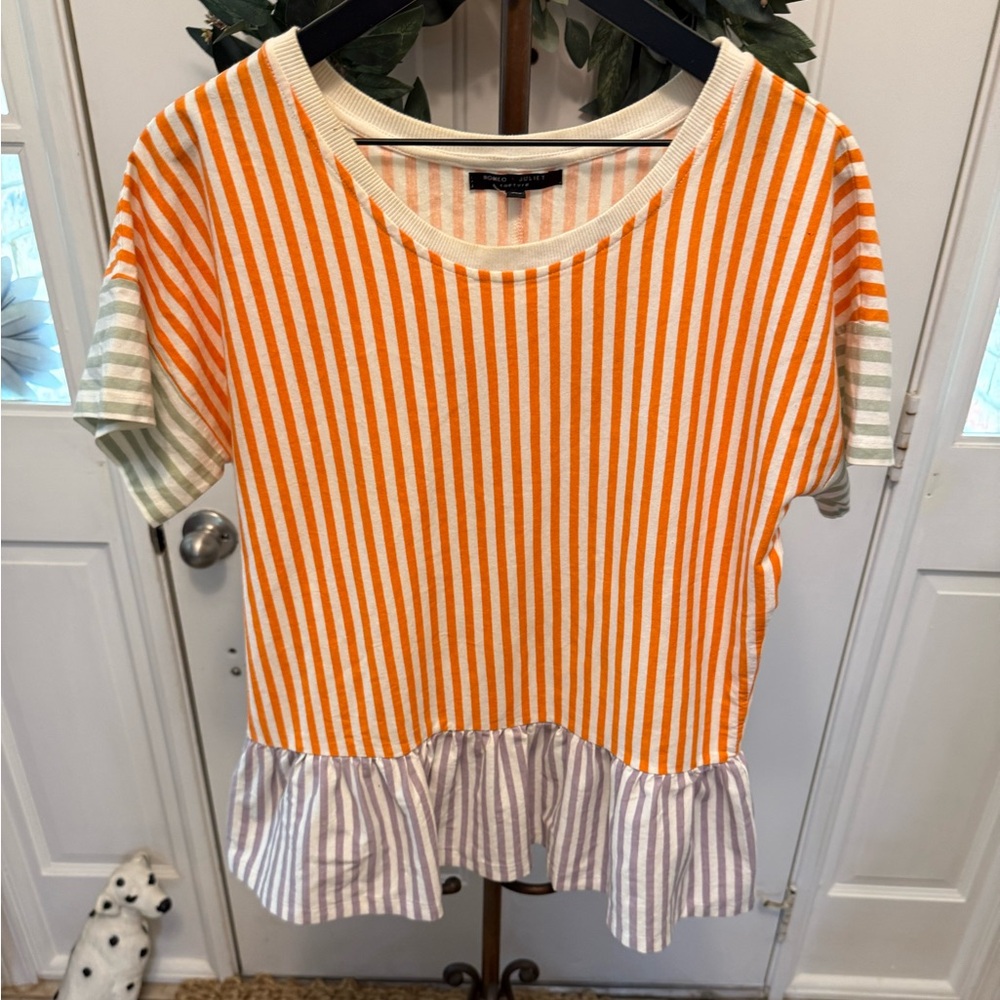 Romeo & Juliet Couture Colorblock Vertical Stripe Babydoll Top SS L
